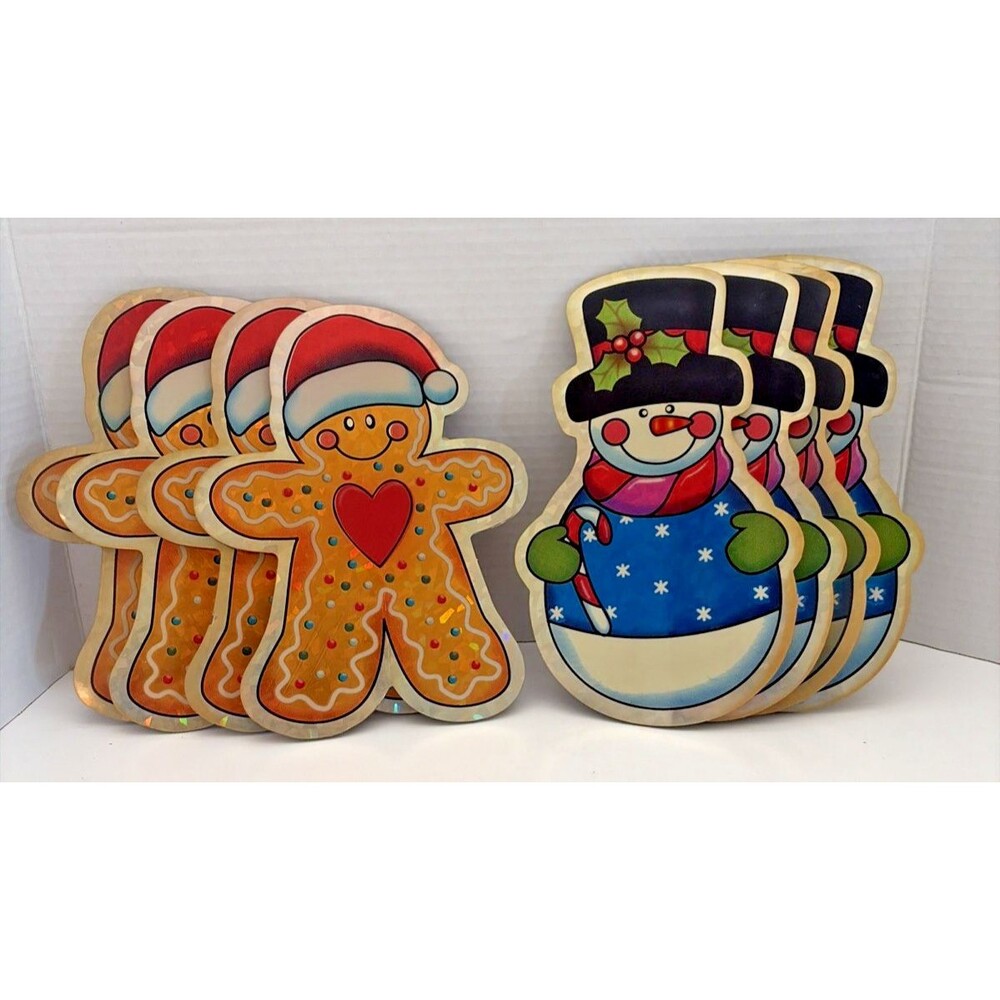 Vtg Christmas Foil Cutouts Snowman Gingerbread Man Die Cut Cardboard Lot of 8